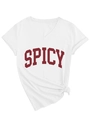 Detail of white V-neck T-shirt featuring red SPICY lettering and stylish front knot design - S / White