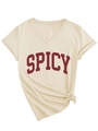 Detail of V-neck short sleeve T-shirt featuring SPICY print and a stylish front hem knot - S / Sand