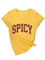 Detail showing bright yellow V-neck T-shirt with red SPICY lettering and side knot - S / Yellow