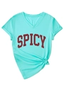 Detail of mint green V-neck T-shirt with Spicy letter print and stylish front knot hem - S / Deep Water Blue