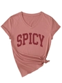 Detail of dusty rose V-neck T-shirt featuring spicy text and front knot design - Dusty Pink