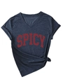Detail of grey V-neck T-shirt showing SPICY print, rolled sleeves and knotted hem design - Dark Gray