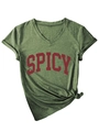 Detail of V-neck dark green T-shirt with red Spicy text and decorative front hem knot - Olive Green