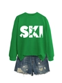 Detail eines hellgrünen SKI-Sweatshirts mit Jeans-Shorts auf weißem Hintergrund - S / Grasgrün (Weißer Druck)