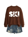 Detail of brown SKI sweatshirt featuring ribbed cuffs and blue distressed denim shorts - S / Coffee (White Print)
