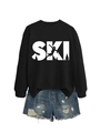 Detail of SKI print on black sweatshirt paired with distressed denim shorts set - S / Black (White Print)