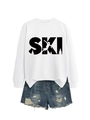 Detailed view of the white SKI sweatshirt featuring ribbed cuffs and winter mountain graphic - S / White (Black Print)