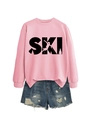 Detailed view of pink crewneck sweatshirt with SKI print and distressed denim shorts - S / Pink (Black Print)