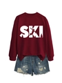 Detail of burgundy SKI sweatshirt featuring white lettering and skier silhouette design - S / Wine Red (White Print)