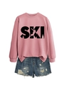 Close-up of pink long-sleeve sweatshirt featuring black SKI graphic with skier silhouette - S / Rose Gold (Black Print)