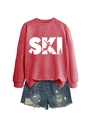 Detail of red SKI print sweatshirt paired with distressed blue denim shorts outfit - S / Red (White Print)