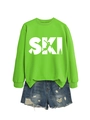 Detail of bright green crewneck sweatshirt with SKI graphic and distressed denim shorts - S / Fluorescent Green (White Print)