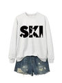 Detail of grey SKI sweatshirt and distressed denim shorts set with print and S size tag - S / Off White (Black Print)