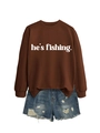 Detail of brown long sleeve crewneck sweatshirt with he's fishing print and denim shorts - Coffee (White Font)