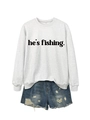 Detail of light gray crewneck sweatshirt with he's fishing print and distressed denim shorts - Off White (Black Font)