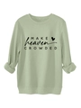 Detailed view of sage green sweatshirt with Make Heaven Crowded text and heart print - Olive Green