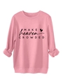 Detailed view of pink sweatshirt featuring Make Heaven Crowded text and a small heart icon - Peach