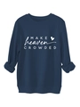 Detail of navy crewneck sweatshirt featuring white Make Heaven Crowded text and heart - Navy Blue