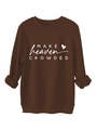 Detail view of the ribbed cuffs and white 'MAKE heaven CROWDED' print on brown sweatshirt - Coffee