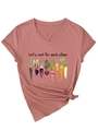Detail of V-neck pink cotton T-shirt featuring root vegetable graphics and slogan - Rose Gold (Black Graphic)