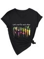 Detail of V-neck T-shirt showing watercolor vegetable print and stylish side knot - Black (White Graphic)