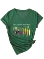 Detail of V-neck dark green t-shirt with Let's root for each other vegetable graphic - Retro Green (White Graphic)
