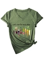 Detail of V-neck green T-shirt featuring vegetable graphics and knotted hem design - Olive Green (Black Graphic)