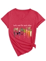 Detail of red V-neck T-shirt featuring vegetable graphics and Let's root for each other text - Red (White Graphic)