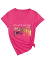 Detail of V-neck T-shirt with 'Let's root for each other' watercolor vegetable print - Rose Red (White Graphic)