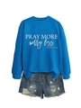 Detail of royal blue sweatshirt with white Pray More Worry Less print and denim shorts - S / Blue (White Font)