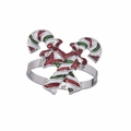 Christmas candy cane and red bow metal napkin ring with polished silver finish - Silver