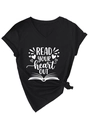 Close-up of V-neck T-shirt with Read Your Heart Out print and tied hem detail - Black (White Font)