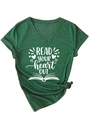 Detail view of V-neck dark green T-shirt with 'READ YOUR heart OUT' slogan and knot design - Vintage Green (White Font)