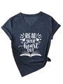 Detail of V-neck T-shirt with 'READ YOUR heart OUT' print and stylish front knot design - Navy Blue (White Font)