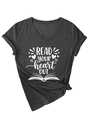 Detail of V-neck dark grey t-shirt with Read Your Heart Out print and front hem knot - Heater Grey (White Font)
