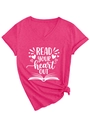 Detail of V-neck fuchsia t-shirt with side-knot hem and Read Your Heart Out print - Rose Red (White Font)
