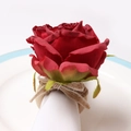 Detailed view of handmade red fabric rose napkin ring with wooden loop and rustic rope - Red (Style 5)