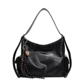 Black leather shoulder bag with white contrast stitching and unique rope pendant - L / Black