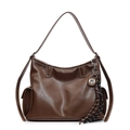 Brown tote bag in premium leather with white stitching and stylish tassel charm - L / Brown