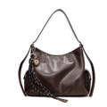 Deep brown vintage leather tote bag with wide shoulder strap and circular charm detail - L / Coffee