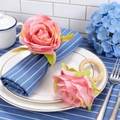 Pink rose napkin ring with raffia weave and green leaves for elegant table decor - Pink Rose
