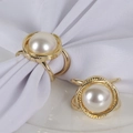 Elegant gold napkin ring with white pearl inlay and twisted rope texture for weddings - Gold