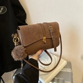 Retro contrast shoulder bag in dark coffee and caramel suede with a plush charm - With Pendant / Matte Brown