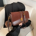 Brown retro suede leather crossbody bag with golden buckle and plush ball detail - Matte Coffee