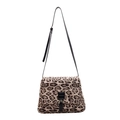 Borsa tote con stampa leopardata, tracolla in pelle nera e fibbia in metallo regolabile - Cachi
