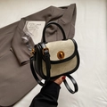 Chic black and beige canvas crossbody bag with golden round knob buckle and top handle - Black