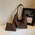 Dark brown pebbled leather hobo tote bag set with matching inner zippered pouch - Large Capacity Composite Set (Large Bag + Pouch) / Coffee