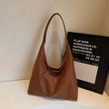 Brown litchi texture leather hobo tote bag with minimalist large capacity design - Large Capacity Composite Set (Large Bag + Pouch) / Brown