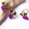 Golden grape napkin rings with purple pearl beads and green enamel leaves for table decor - Purple Grape (Gold Base)