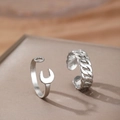 Silver chain ring and wrench-shaped open ring set in minimalist hip-hop style design - Silver 2-Piece Set (C7072)